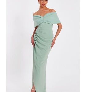 QUIZ Sage / Mint Green Bardot Wrap Maxi Dress Evening Gown